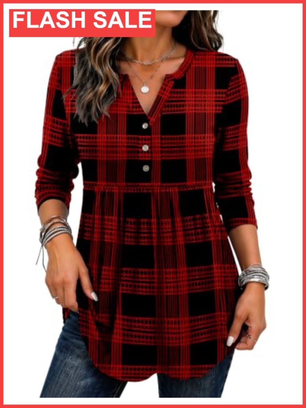 Women's Long Sleeve Henley V-Neck Pleated Tunic Blouse